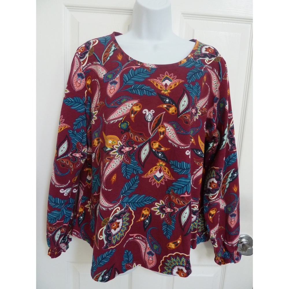 Kim Rogers Women L Colorful Floral Paisley Balloon Sleeve Pullover Top Cotton